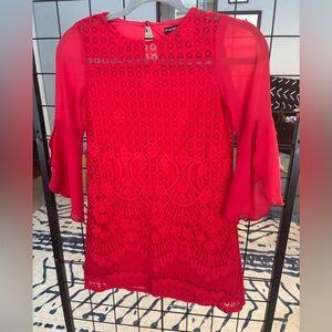 My Michelle Girls Vibrant Red Shift Lace Dress with Bell Sleeves EUC